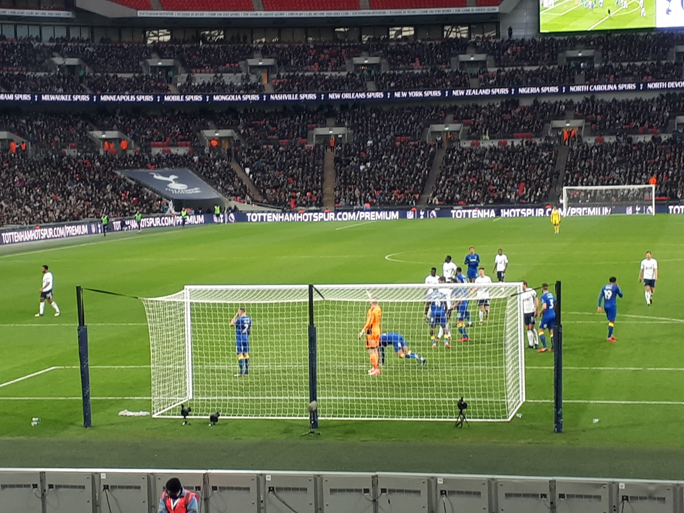 Defenders packed into the six-yard box defending a corner at Wembley Stadium